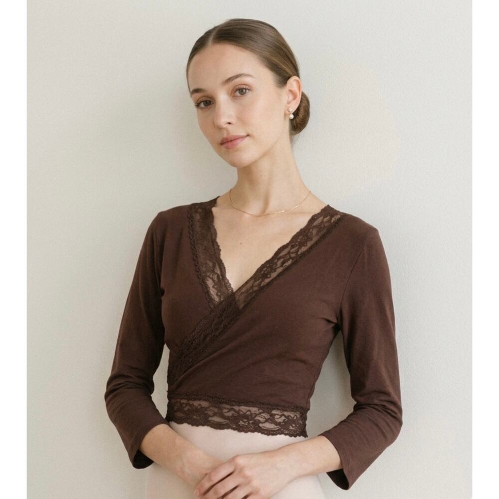 Y2K Brown Wrap Top Lace Balletcore Soft Girl Cropped L Ballerina Jason Maxwell